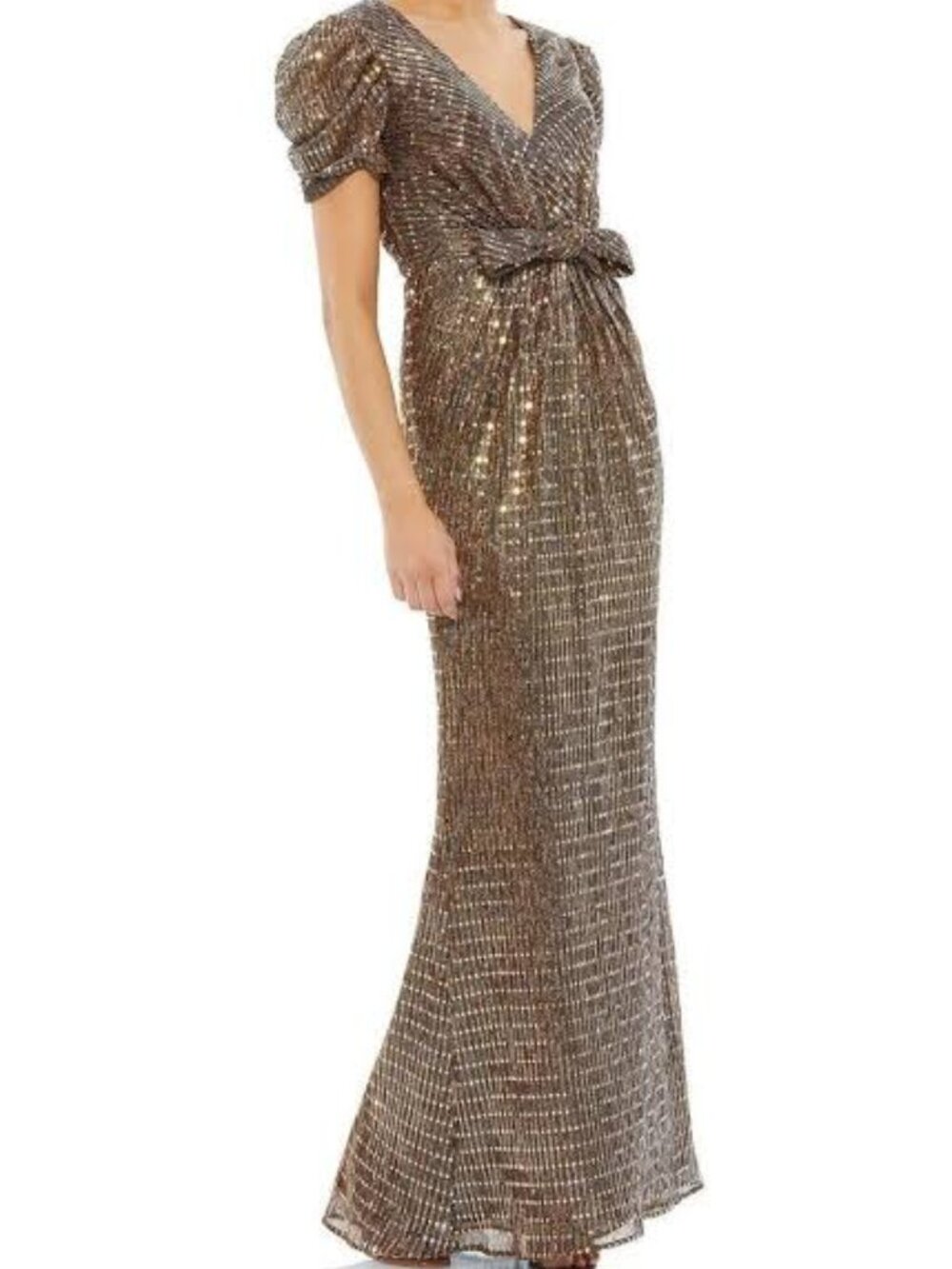 Ieena Duggal - 26661 Vintage Puff Sleeve Sequin Bronze Long Gown